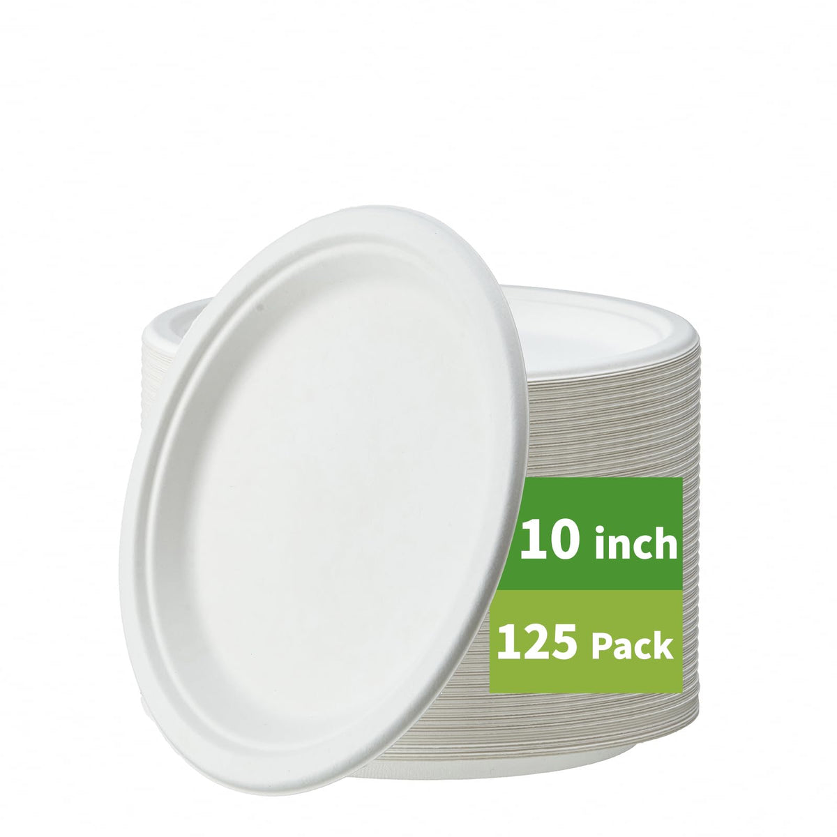 Jaluxing [125-Pack 10 Inch Paper Plates, Heavy Duty Disposable Party Plates Sugarcane Bagasse, White Unbleached 10" Dinner Paper Plate