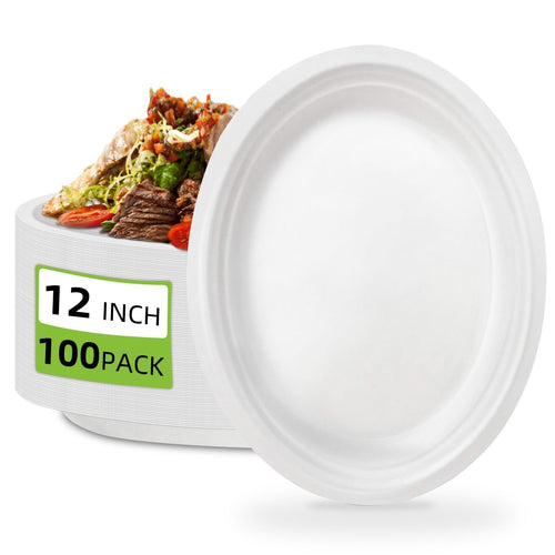 100 Pcs Compostable Oval Paper Plates 12 Inch - Heavy Duty Bagasse Platters - Biodegradable White Plates,Eco-Friendly Disposable Dinner Platters for BBQ,Picnic,Wedding,Party,Thanksgiving,Christmas