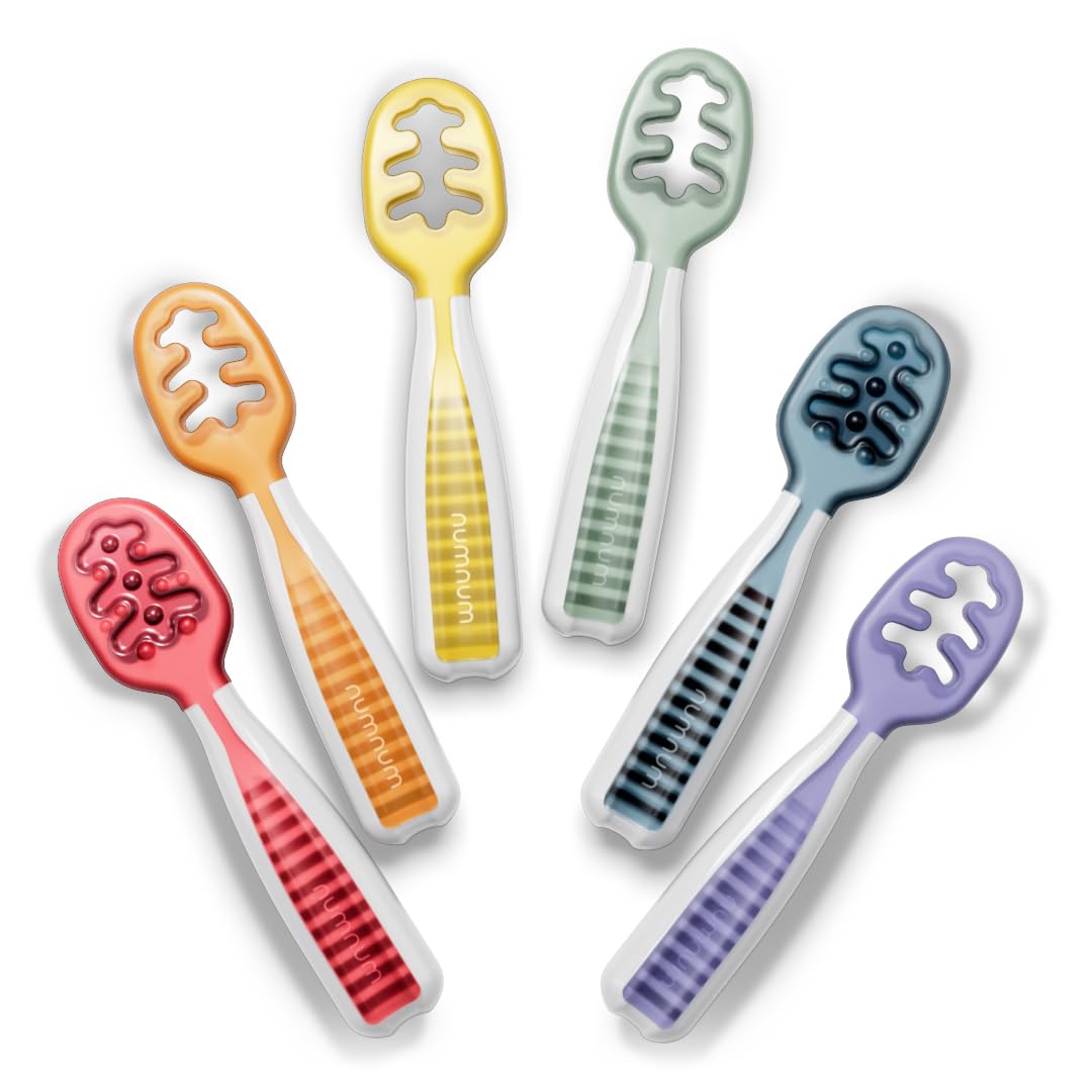 NumNum Baby Spoons Self Feeding 6 Months, 6-Pack Rainbow | First Stage Silicone Pre Spoon Utensils For Baby Led Weaning, BPA Free Baby Feeding Essentials, Dishwasher Safe