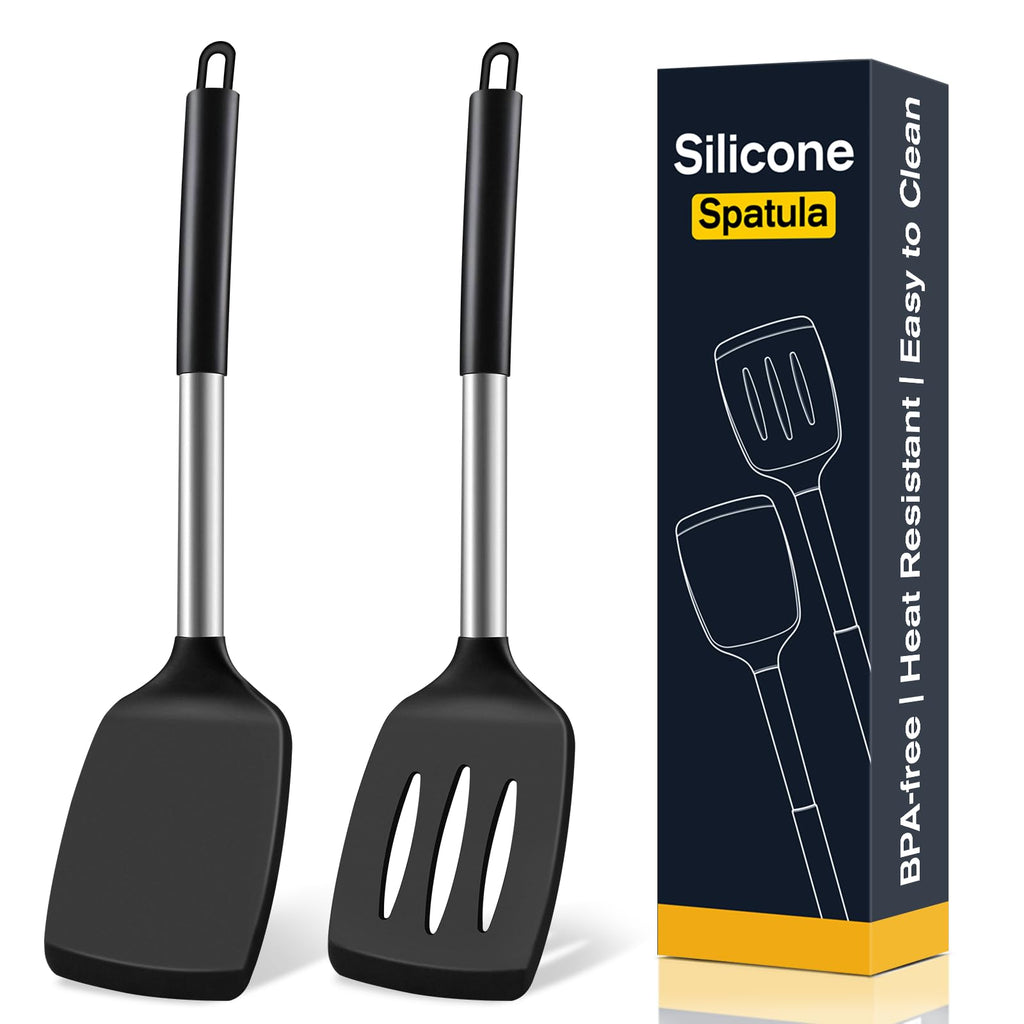2 Pack Silicone Spatula Set, Solid & Slotted Turner for Non-Stick Pans | Dishwasher Safe, BPA-Free Silicone Cooking Utensils for Fish, Eggs, Pancakes, High Heat Resistant, Black