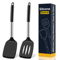 2 Pack Silicone Spatula Set, Solid & Slotted Turner for Non-Stick Pans | Dishwasher Safe, BPA-Free Silicone Cooking Utensils for Fish, Eggs, Pancakes, High Heat Resistant, Black