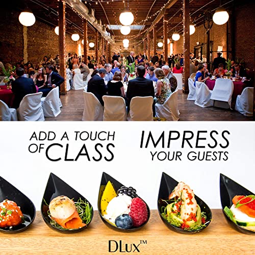 DLux 100 4-in Tear Drop Mini Appetizer Plates, Black | Reusable Plastic Spoons, Desserts & Appetizers Dishes Serving Plate, Asian Set Small Catering Tasting Cups with Recipe Ebook