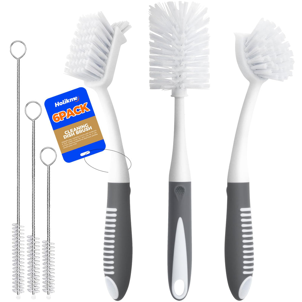 Holikme 6 Pack Dish Brush Set with Bottle Brush, Dish Scrub Brush,Gray | Pan Brush and 3 Straw Brushes, Deep Cleaning Handle Brush with Scraper Tip for Kitchen Sink Dishes Bottle Cup Pot and Pans