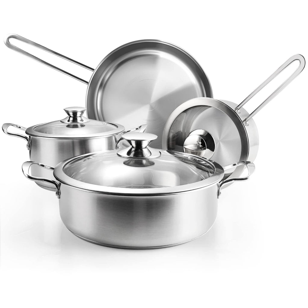 Stainless Steel Pots and Pans Set, 7-Piece Kitchen Cookware Sets with Glass Lids, Stay-Cool Handle, Oven Safe, Works with Induction/Electric and Gas Cooktops, Dishwasher