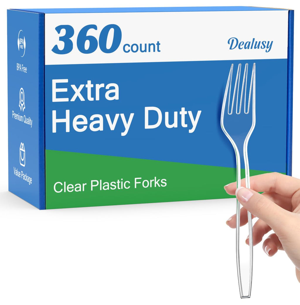 Dealusy 360 Count Extra Heavy Duty Clear Plastic Forks Disposable | BPA-Free, Heat Resistant, Solid and Durable Disposable Forks Bulk, Premium Plastic Forks Heavy Duty for Party Supply
