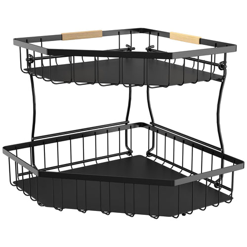 2 Tier Fruit Basket for Kitchen Counter with 2 Banana Hangers for Corner | Detachable Metal Fruit Bowl with Wooden Handle, Large Capacity Fruit Stand for Bread Fruit and Vegetable Storage, Black