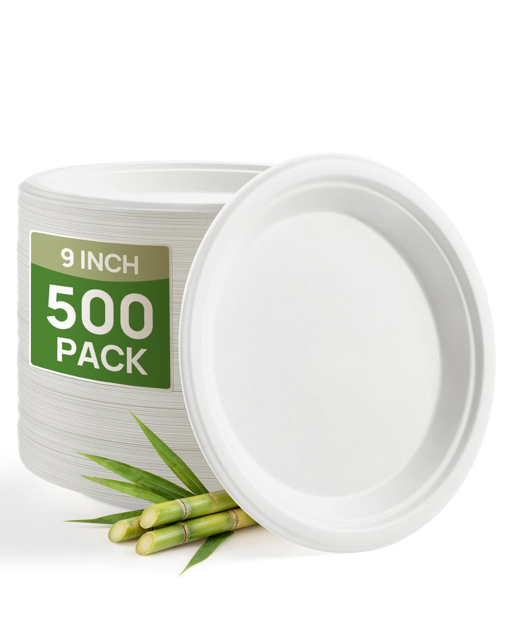 Goodluck 9 Inch Bulk Compostable Sugarcane Plates 500 Pack, White | 100% FSC Certified Heavy Duty Plates, Commercial Eco Friendly Disposable Plates for Party, Wedding, Catering & Everyday Use
