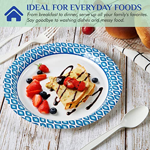 MUCHII 8.375 Inch Paper Plates, 300 Count Disposable Plates Bulk Pack | Printed Plates,Blue,Soak and Cut Proof,Daily Use,Holiday Family Gatherings,Parties,Picnic,Thanksgiving,Food Service