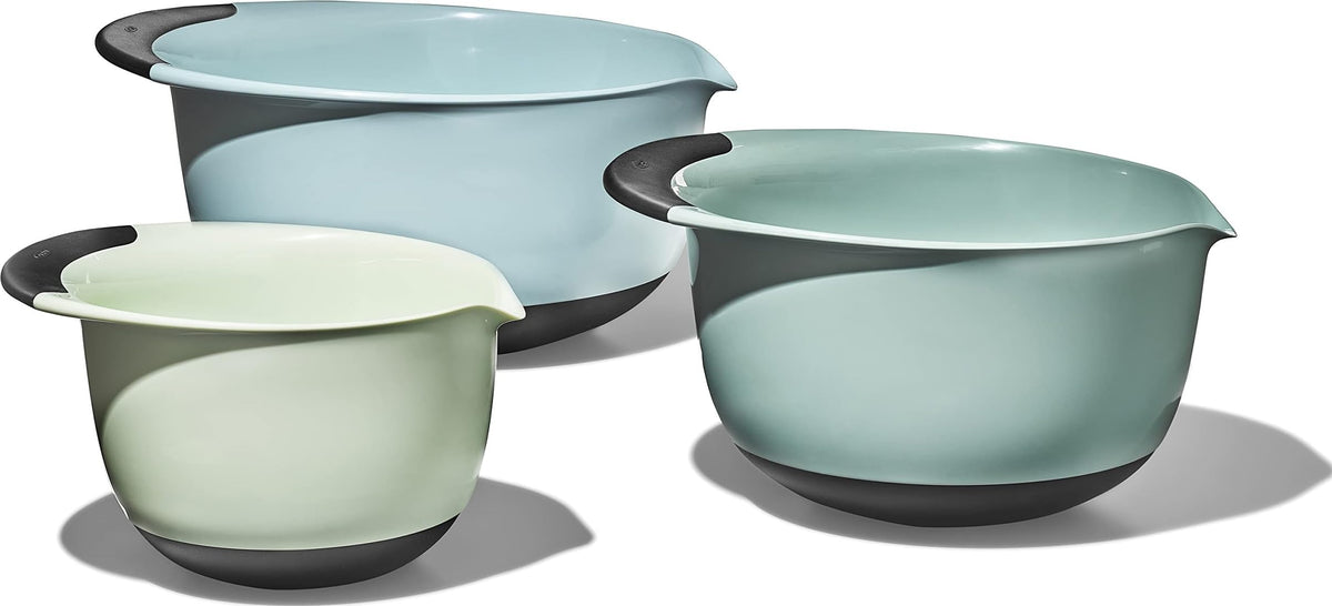 OXO Good Grips 3-Piece Plastic Mixing Bowl Set- Blue, Gray, Jade | 1.5, 3 & 5 Qt Capacities, Wide Spouts To Pour , Non-Slip Base, Nest for Storage, Ideal for Mixing and Baking, Dishwasher Safe