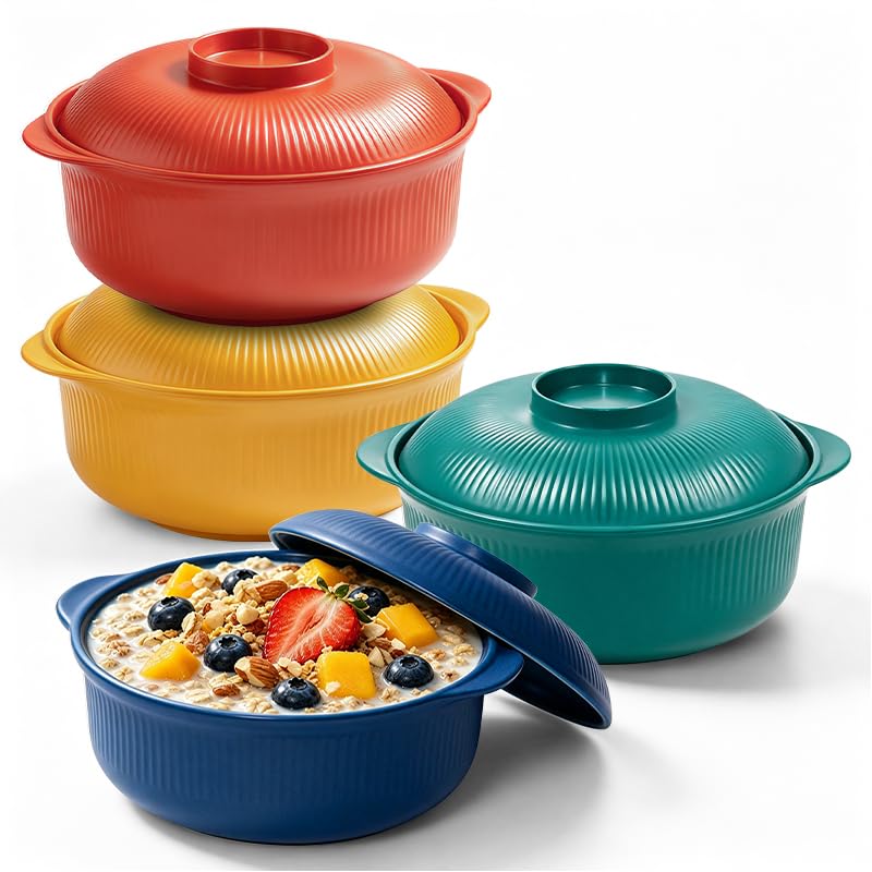 Microwave Bowls with Lids, 40 oz Lightweight Unbreakable Bowls, 4 Pack | Stackable Bowls with Side Handles; BPA-free, Reusable, Microwave and Dishwasher Safe for Soup, Cereal and Oatmeal.