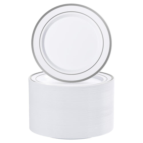 BESTVIP 100PCS 7 Inch Silver Plastic Dessert Plates, Disposable Plate | Plastic Plates with Silver Rim for Salad/Samll Cakes, Heavy Duty Plates for Party, Wedding and Birthday, Events