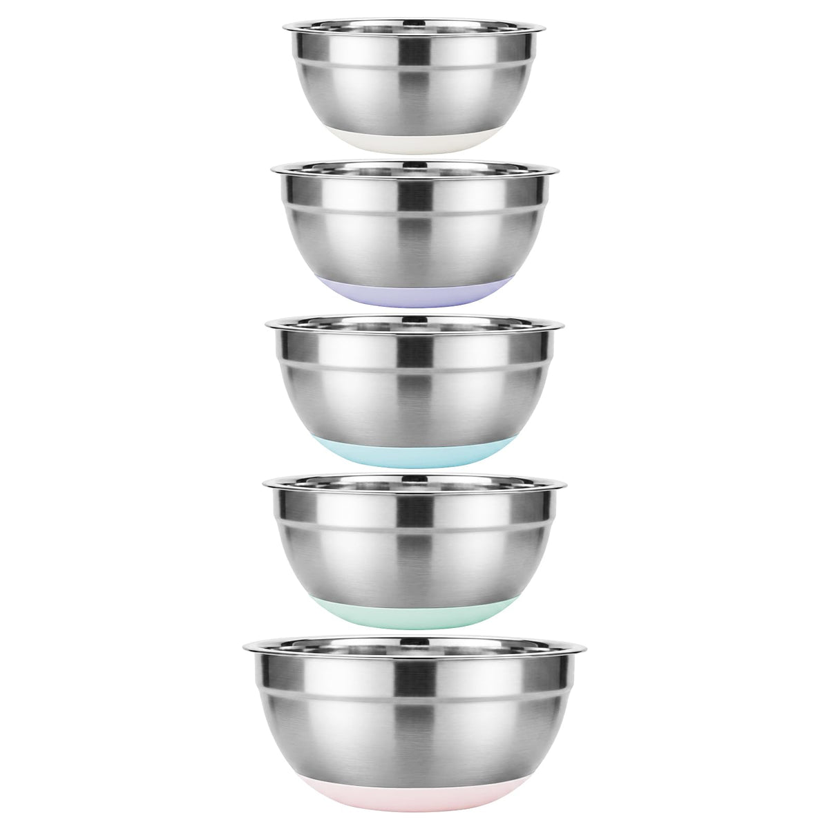 Idymere 5PCS Stainless Steel Mixing Bowls Set With Non-Slip Silicone Base | 1.5/2/2.5/3.4/5.3Qt, Nesting Space Saving, Dishwasher Safe, Metal Prep Bowl For Mixing Baking, Serving, Kitchen Food Storage