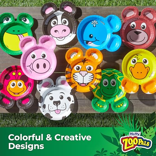 Hefty Zoo Pals Kids Paper Plates, Party Edition, 7.75 inches, 20ct | Assorted Animal Designs, Two Dipping Compartments On Every Plate, Great for Birthday Parties, Playdates, Snacks, and Meals