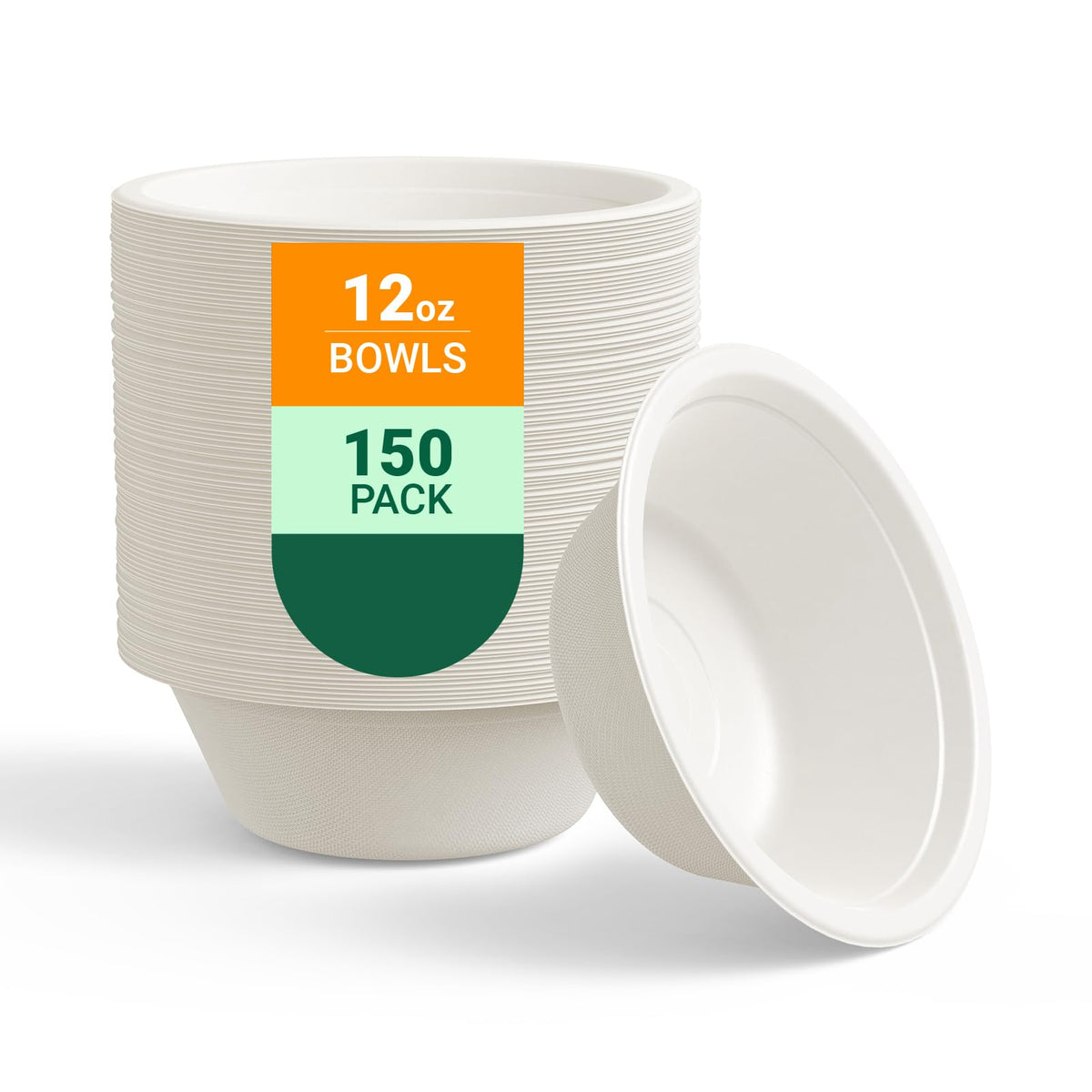 ECOLipak 150 Pack 12 oz Compostable Paper Bowls Disposable, White | Heavy-Duty Biodegradable Bowls Made of Natural Sugarcane Bagasse, Perfect for Milk Cereals, Snacks, Salads, Desserts, Soups