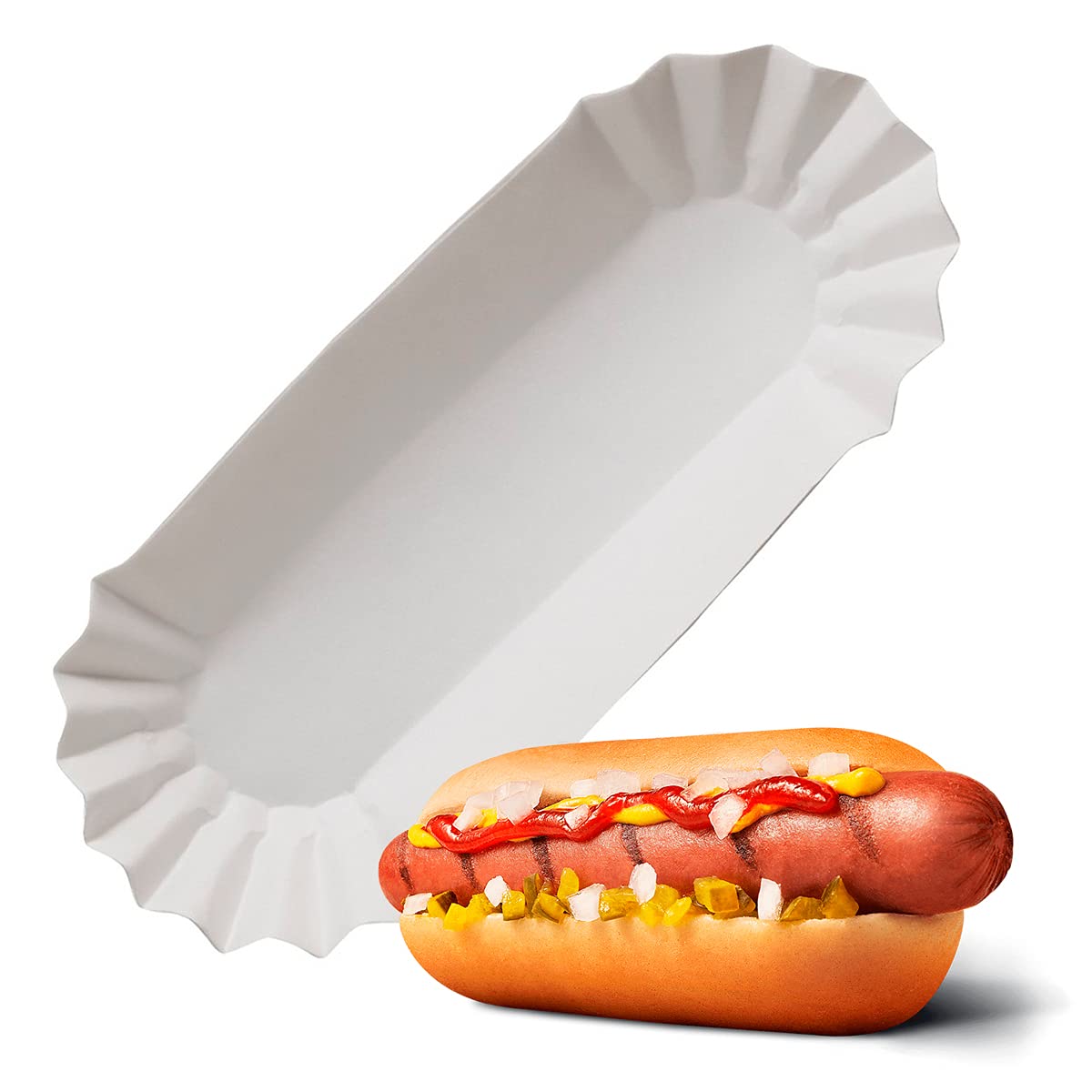 Paper Hot Dog Trays Disposable 50 Pcs, 8 Inch Hot Dog Boats, Hotdog Holder | Grease Resistant Hotdog Plates and Hot Dog Holders for Party, BBQ, Halloween | Microwave Safe Hot Dog Party Supplies