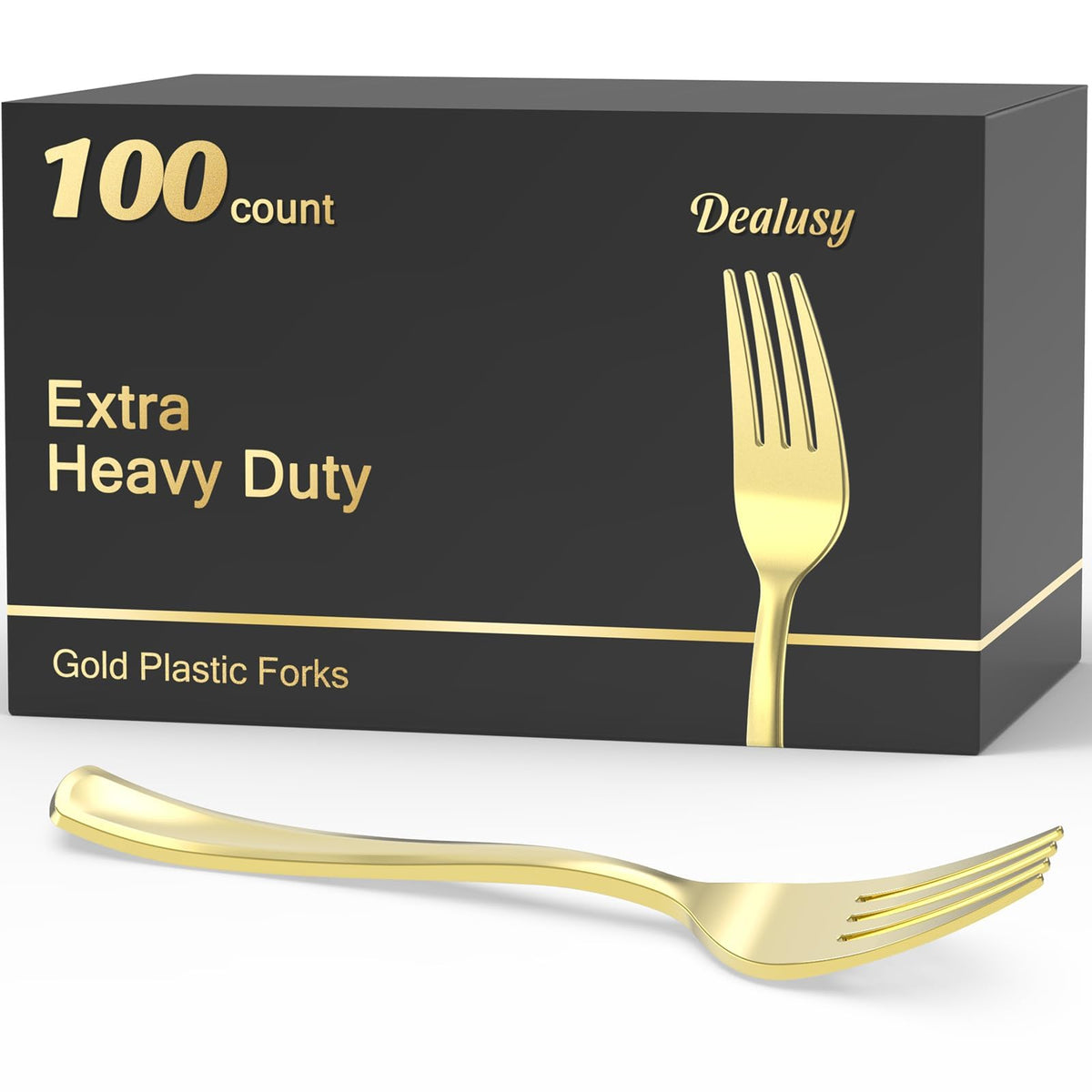 Dealusy 100 Count Heavy Duty Gold Plastic Forks Disposable | BPA-Free, Heat Resistant, Solid and Durable Premium Plastic Disposable Forks for Party Supply