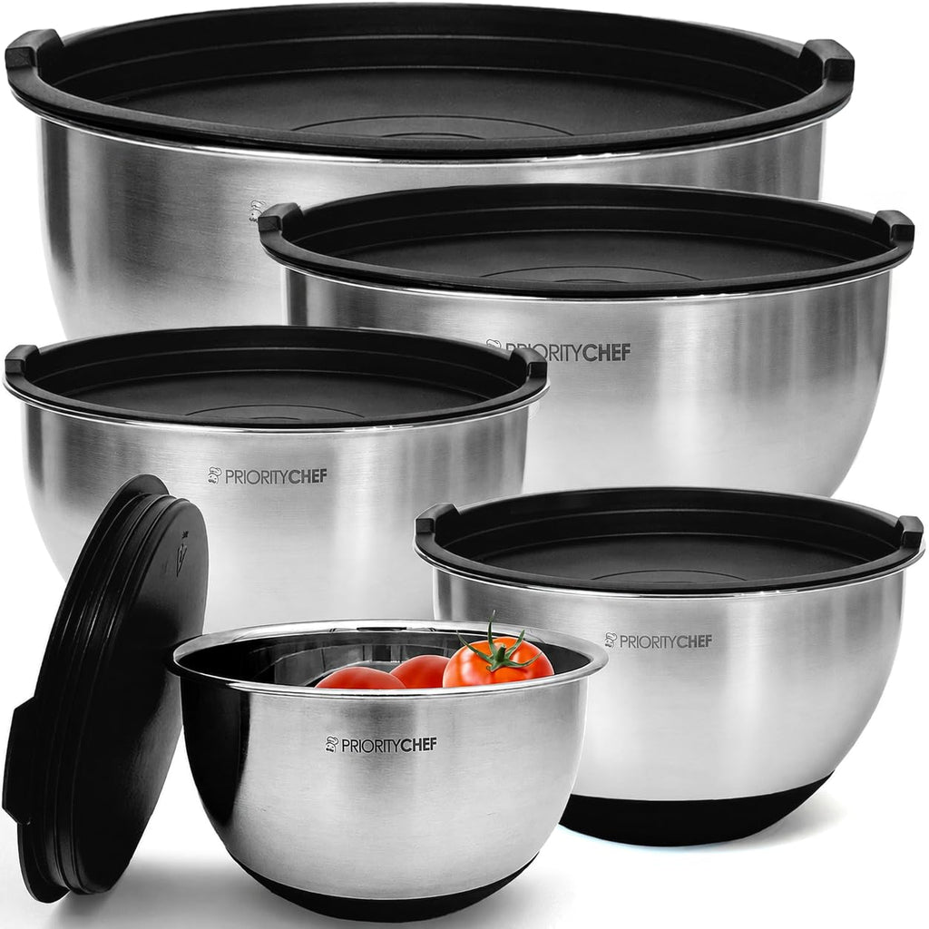 Premium Mixing Bowls with Airtight Lids Set, Thicker Stainless Steel, Black | 1.5-5 Qt Metal Nesting Bowls with Non-Slip Base that are Ideal For Baking, Serving and Storing in the Kitchen