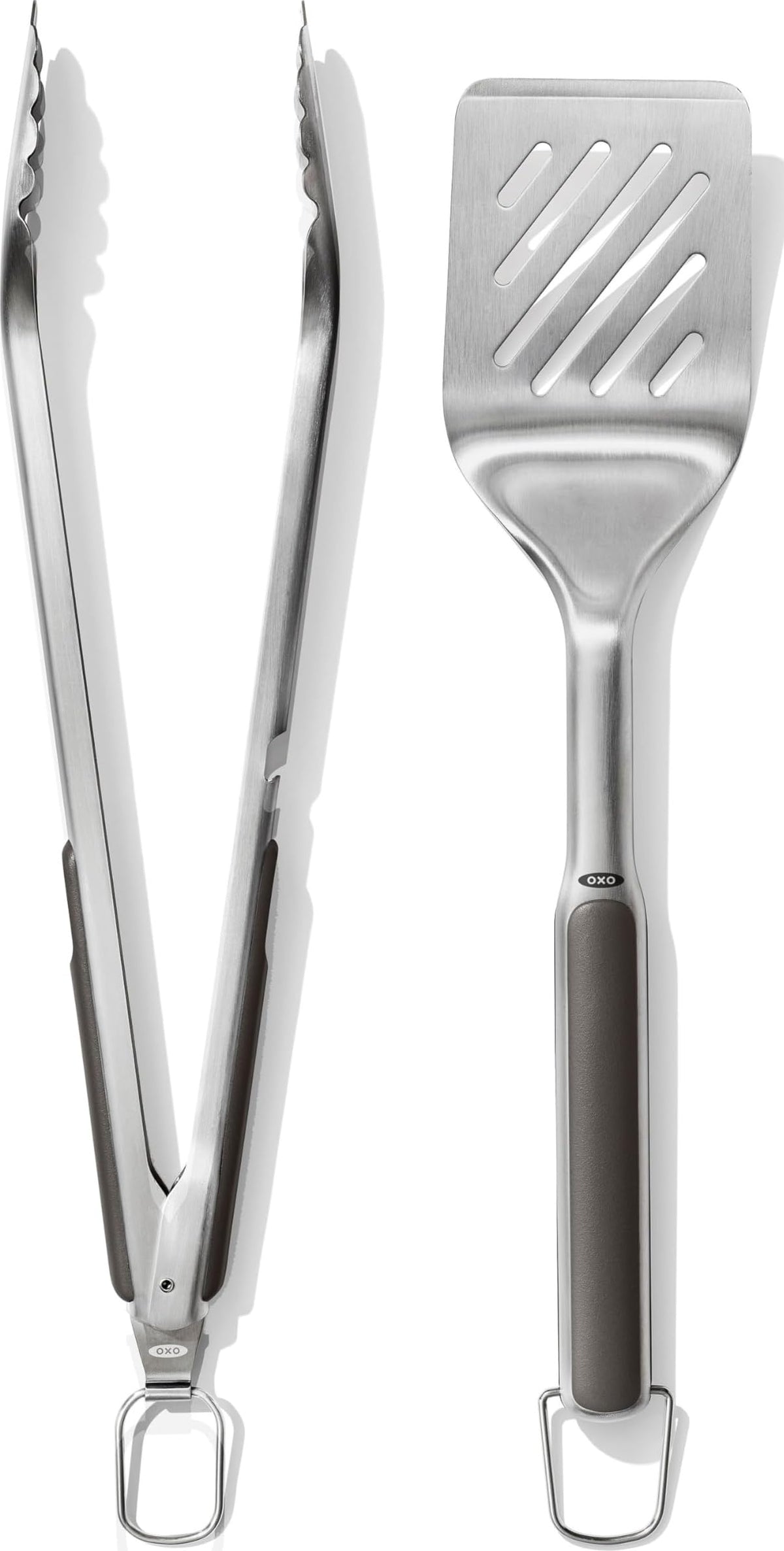OXO Outdoor Grilling Turner and Tongs Set | Grilling Spatula and Tongs, Beveled Head Slides Under Food, Non-Slip Grip, Hanging Ring, Ideal for Grilling & BBQ