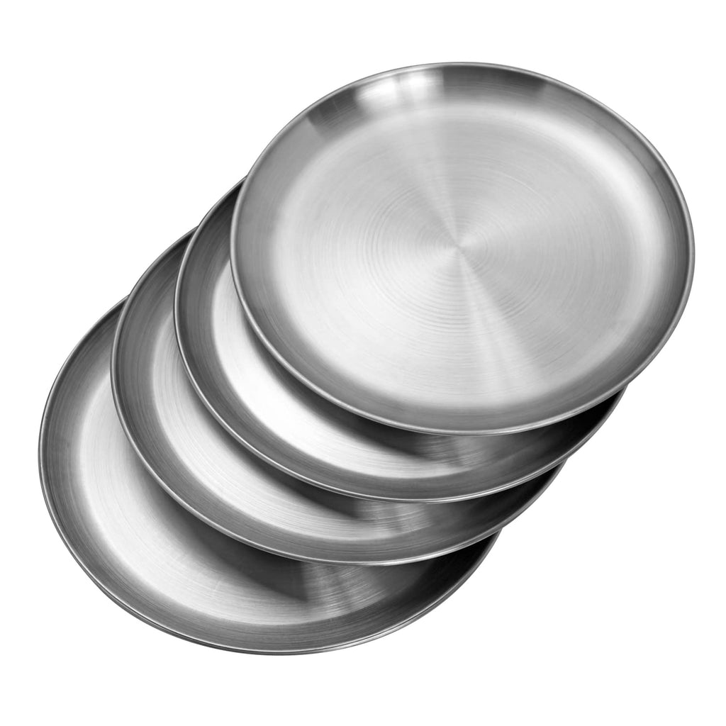 CAMBUY Stainless Steel Plates 10 inch 4 Pcs Metal Dinner Dishes Plate Set | Reusable Unbreakable Lightweight Non-Toxin Dishwasher Safe BPA Free Dish Set for Home Kitchen BBQ Restaurant Outdoor Camping