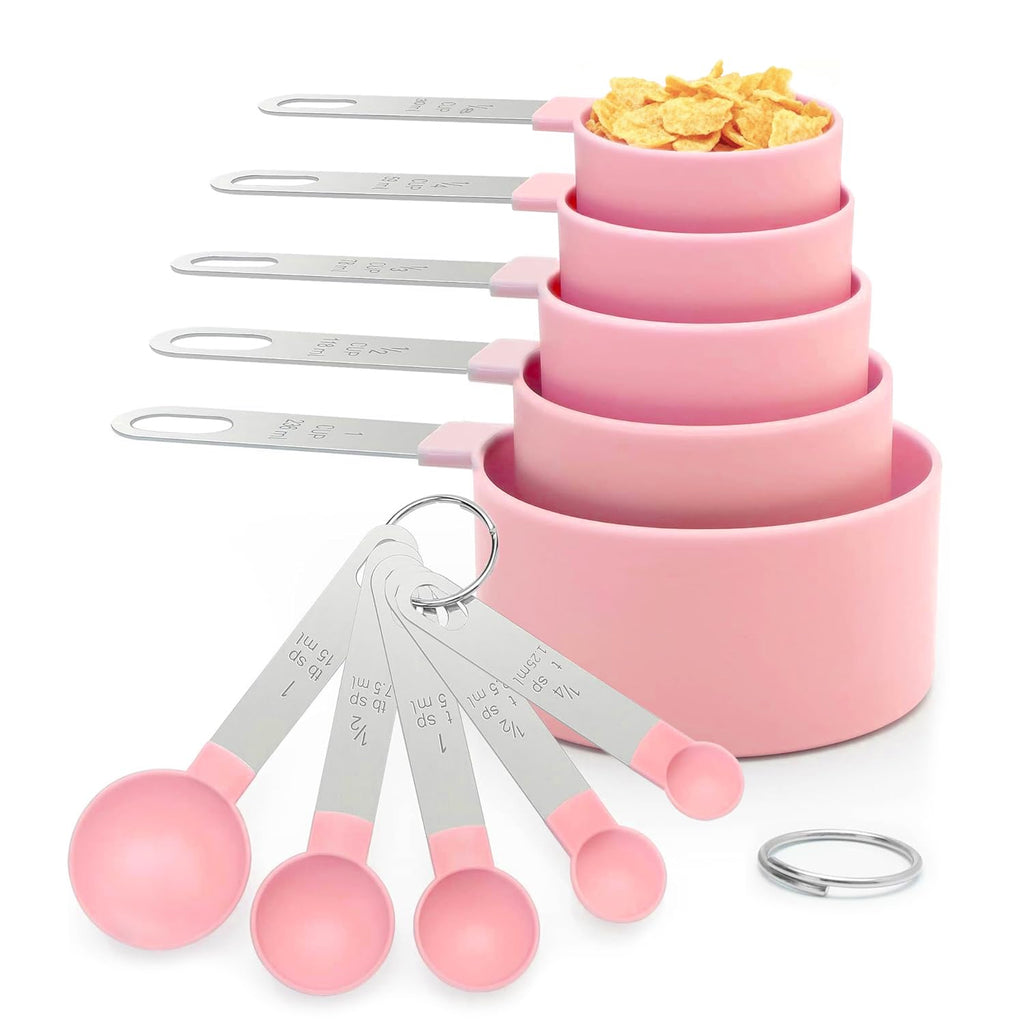 Measuring Cups and Spoons Set, 10 Pieces Stackable Measure Tools with Stainless Steel Handles, Kitchen Gadgets for Cooking & Baking (Pink)