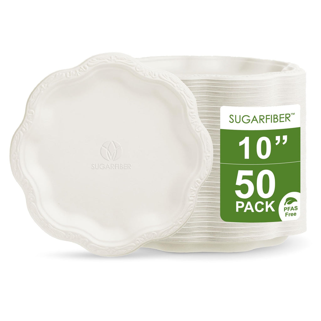10 inch Elegant Compostable Paper Plates White Floral Acanthus Scalloped | Food Containers,Microwavable,Natural,Sugarcane,Disposable,Bagasse,Eco Friendly,Wedding,Dinner,Scalloped,Sugarfiber,Elegant