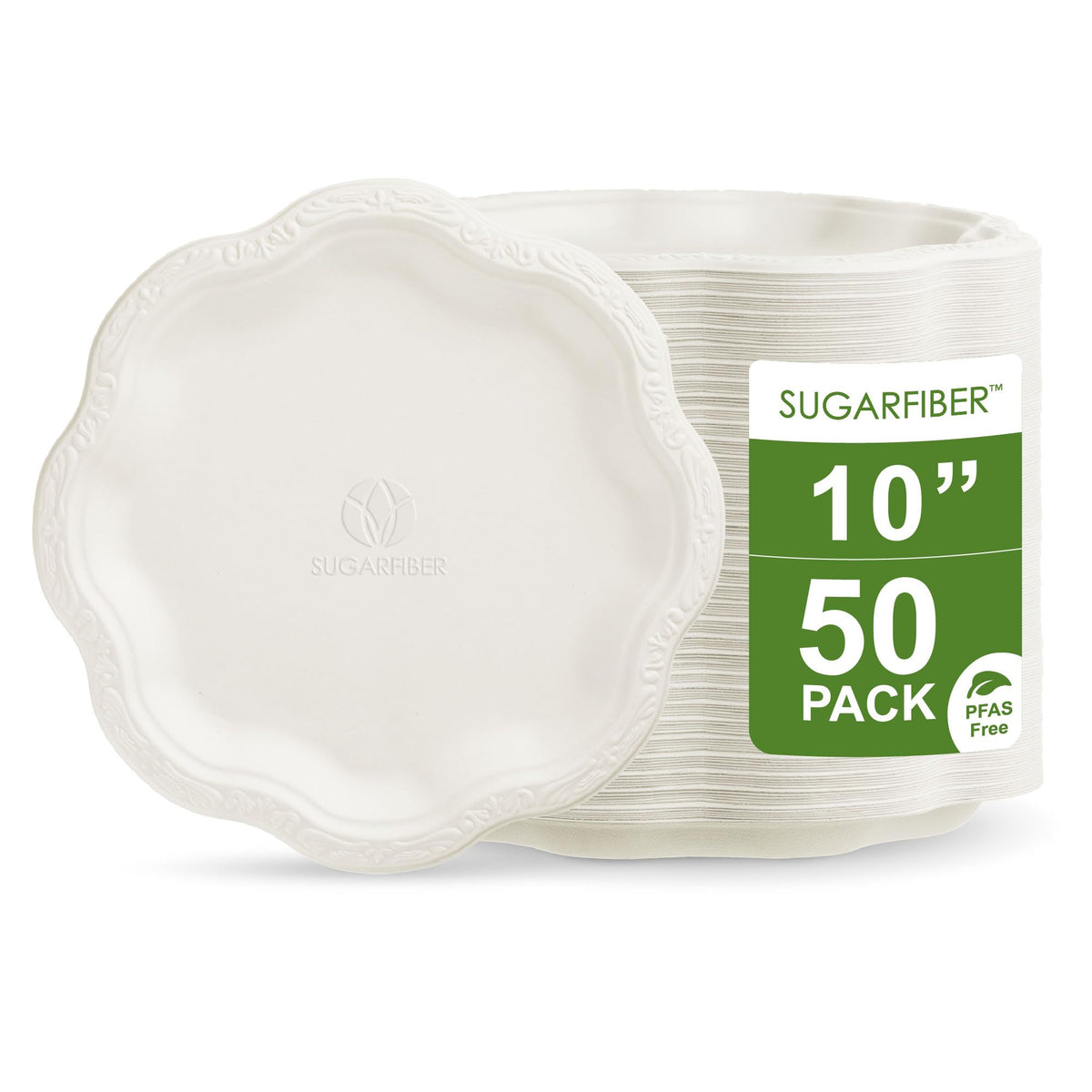 10 inch Elegant Compostable Paper Plates White Floral Acanthus Scalloped | Food Containers,Microwavable,Natural,Sugarcane,Disposable,Bagasse,Eco Friendly,Wedding,Dinner,Scalloped,Sugarfiber,Elegant