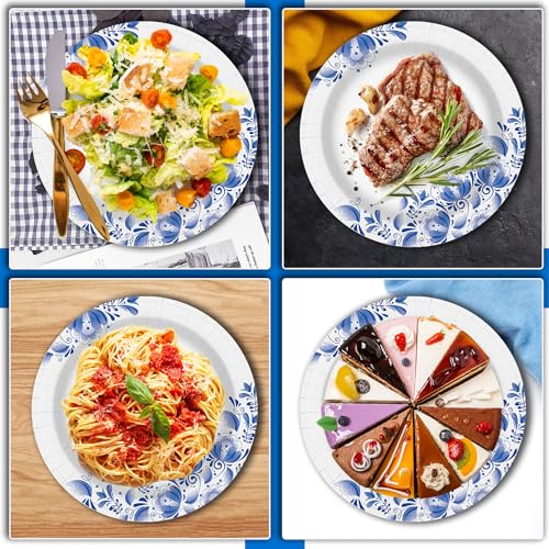 Charmount Paper Plates Bulk 8.5 Inch, 150pcs Disposable Blue Paper Plates | for Parties and Daily Use, Soak Proof, Cut Proof, Flower Printed