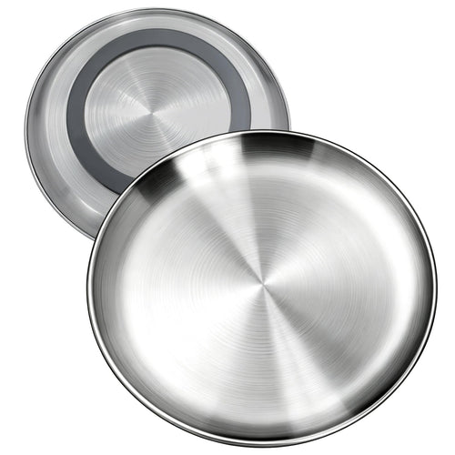 2-Pack Stainless Steel Basic Cat Bowls, Whisker-Friendly Thickened 6.7" Shallow Food Plates, 3M Adhesive Non-Slip Fixed Base, for Home/Outdoor Use with All Foods for Cats, Kittens & Small Pets