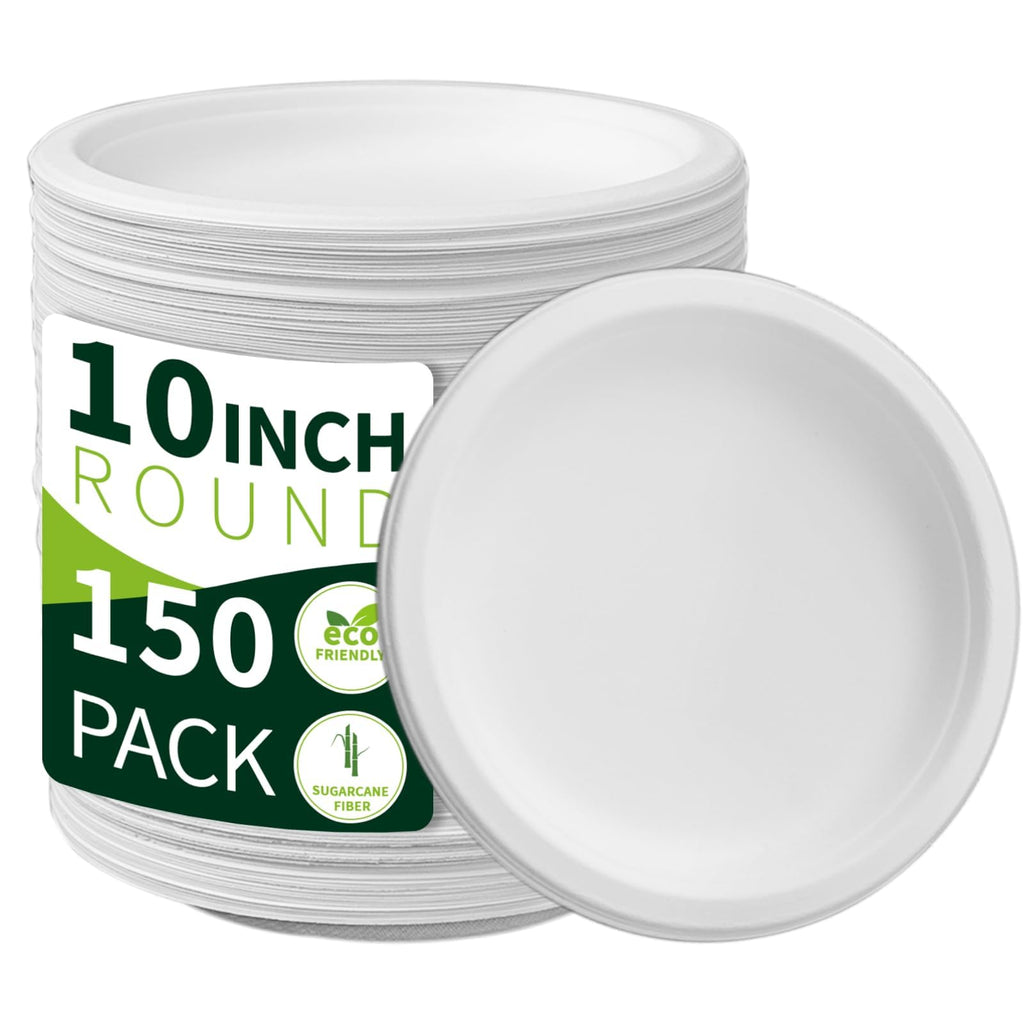 10 Inch Compostable Paper Plates【White 150 Pack】, 100% Sugarcane Bagasse Large Disposable Plates, Sturdy Heavy Duty, Biodegradable Dinnerware for Party, BBQ, Picnic, Catering
