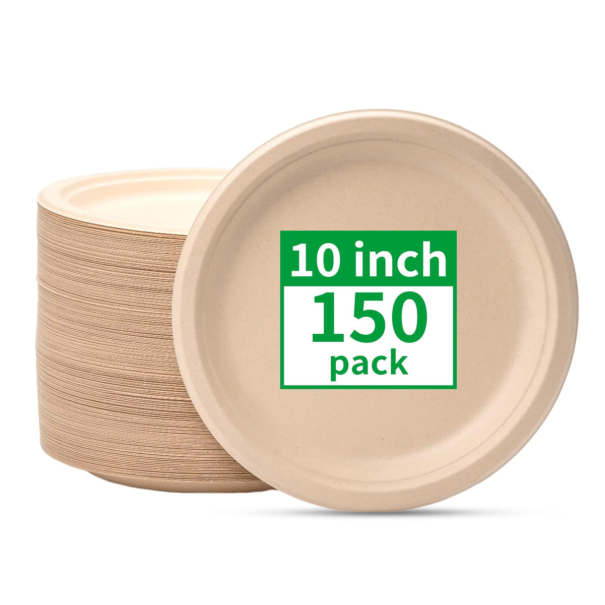 RACETOP Compostable Paper Plates 10 Inch [150 Pack] | Unbleached Brown, Disposable Biodegradable Heavy Duty Paper Plates, Made of Natural Sugarcane Fibers, Round
