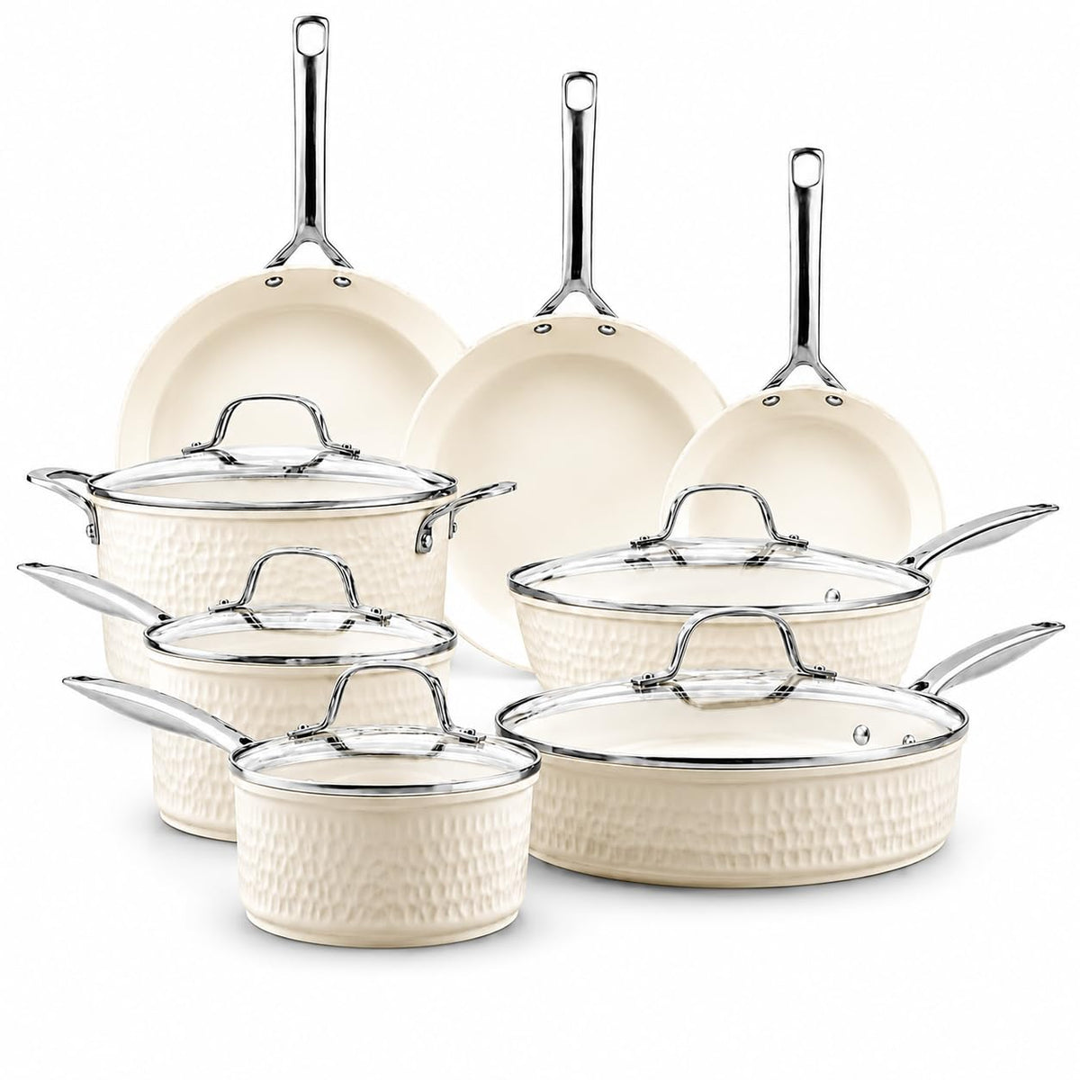 GOTHAM STEEL HAMMERED 13 Pc Titanium Ceramic Cookware Set Nonsitck, Cream