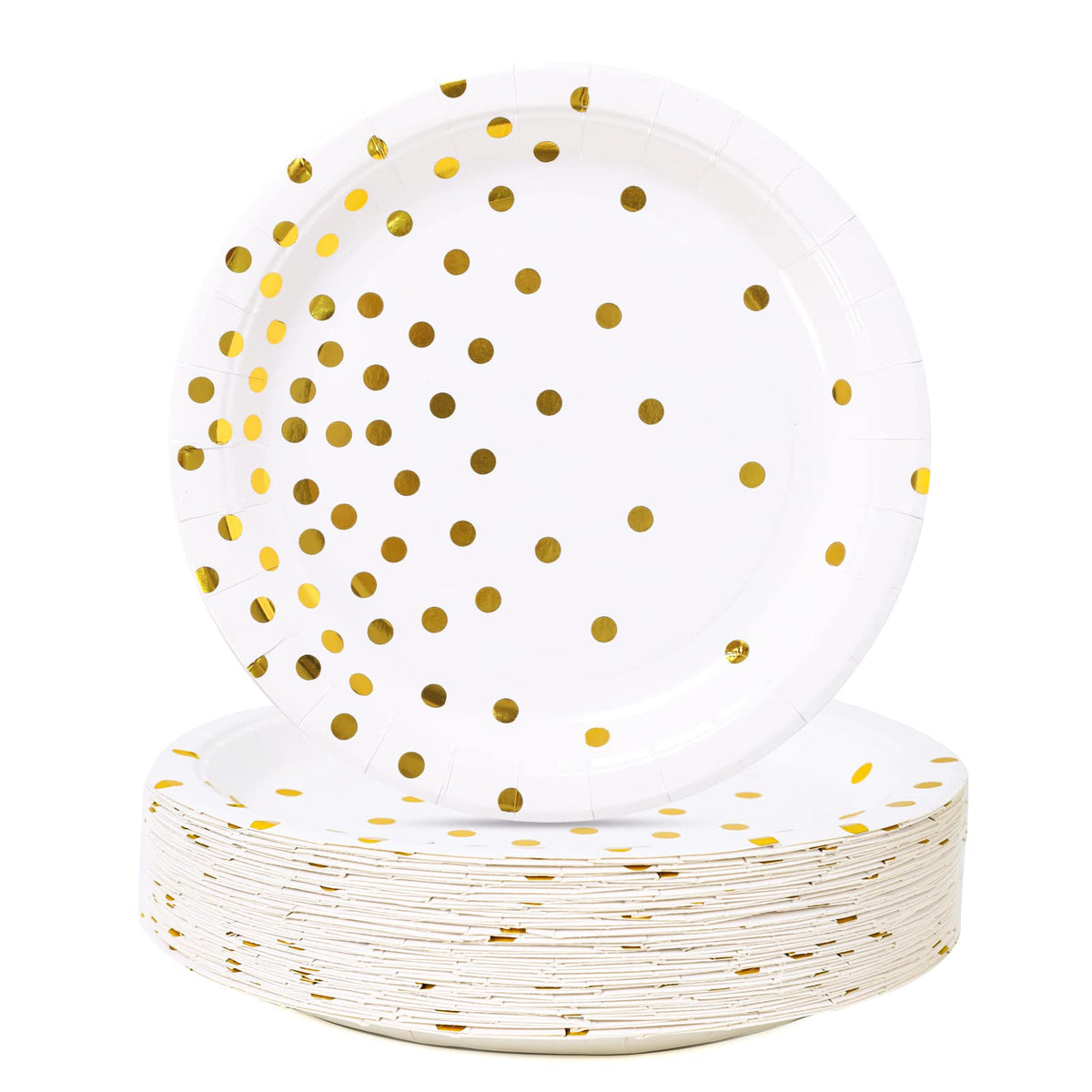 White and Gold Party Supplies,Gold Dot Paper Dessert Plates (50-Count) | 7inch Disposable White Gold Paper Party Plates for Birthday,Wedding,Bridal Showers,Christmas,Anniversaries,All Occasions