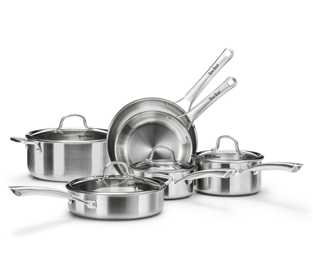 Stainless Steel Cookware Set,Tir-Ply Pots and Pans Set,10 Pcs Stainless Steel Induction Kitchen Cookware Sets,PFOA Free, Frying Pans, Au Gratin Pan,Saute Pan & Stock Pot,Compatible with All Cooktops