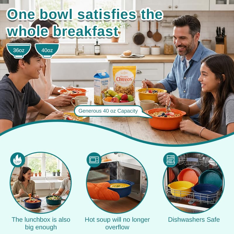 Microwave Bowls with Lids, 40 oz Lightweight Unbreakable Bowls, 4 Pack | Stackable Bowls with Side Handles; BPA-free, Reusable, Microwave and Dishwasher Safe for Soup, Cereal and Oatmeal.