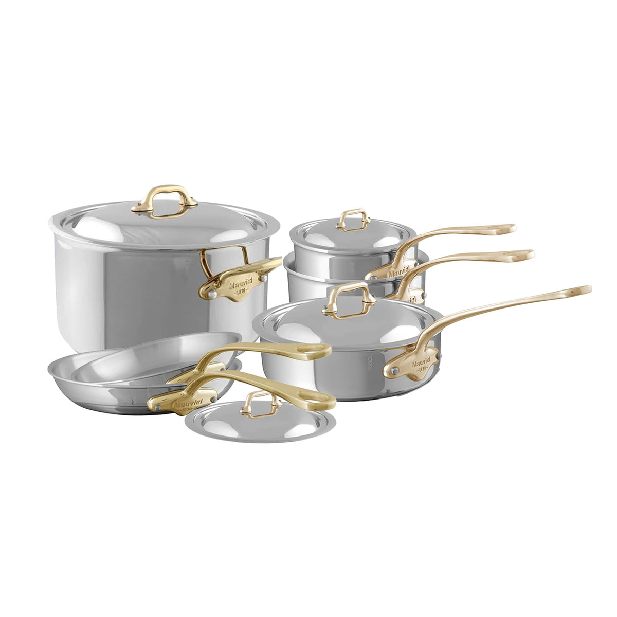 Mauviel M'COOK B 5-Ply Stainless Steel 10-Piece Cookware Set With Brass Handles, Made In France