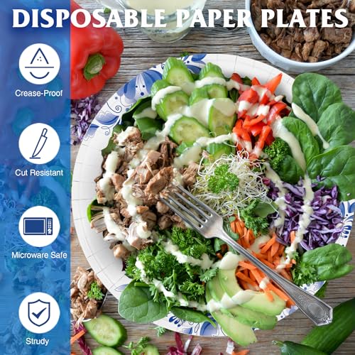 Charmount Paper Plates Bulk 8.5 Inch, 150pcs Disposable Blue Paper Plates | for Parties and Daily Use, Soak Proof, Cut Proof, Flower Printed