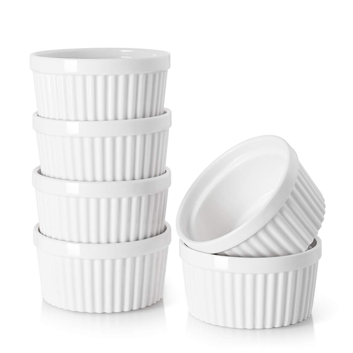DOWAN 4 oz Ceramic Ramekins Set of 6, Oven Safe Souffle Dishes for Air Fryer Baking, Mini Round Baking Cups for Creme Brulee, Dipping Sauces, Desserts and Prep Bowls, White