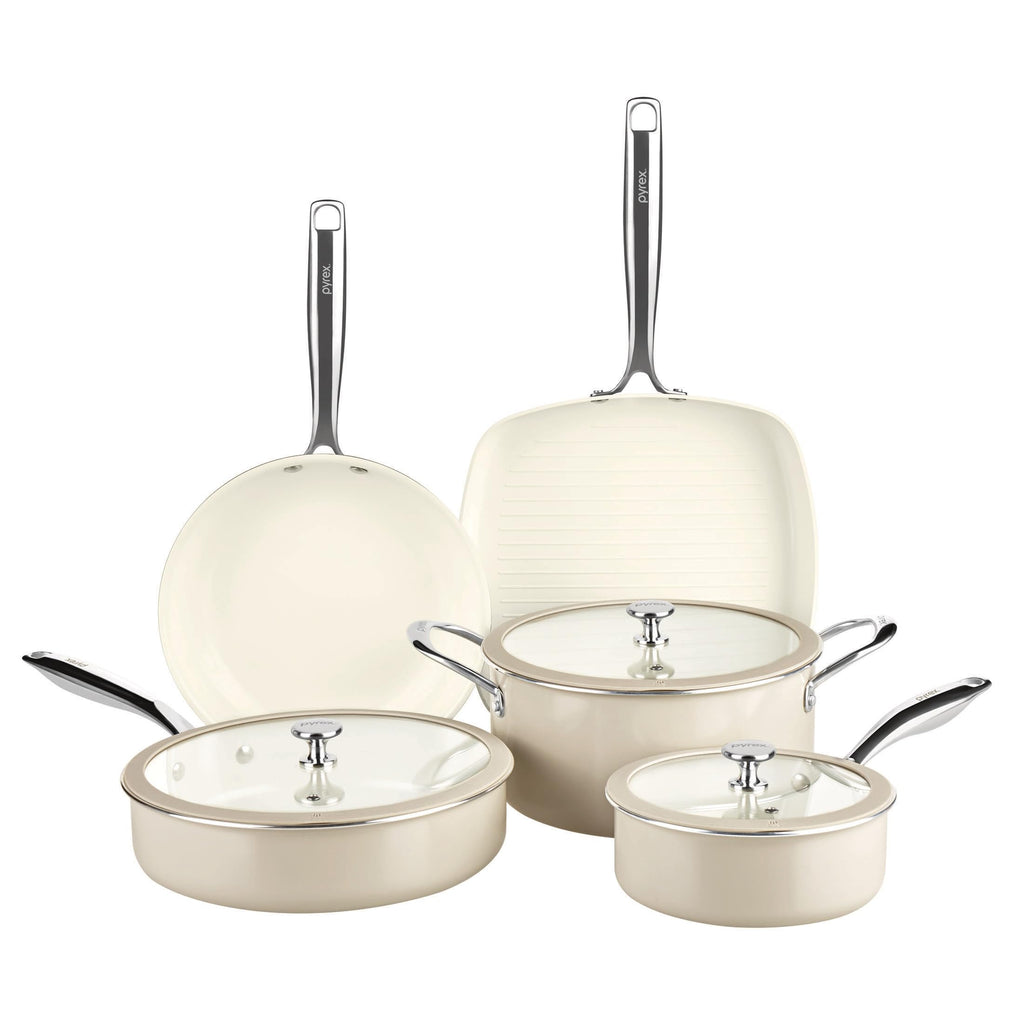 Pyrex 8-Piece Ceramic Cookware Set, Pots and Pans with Lids & Handles