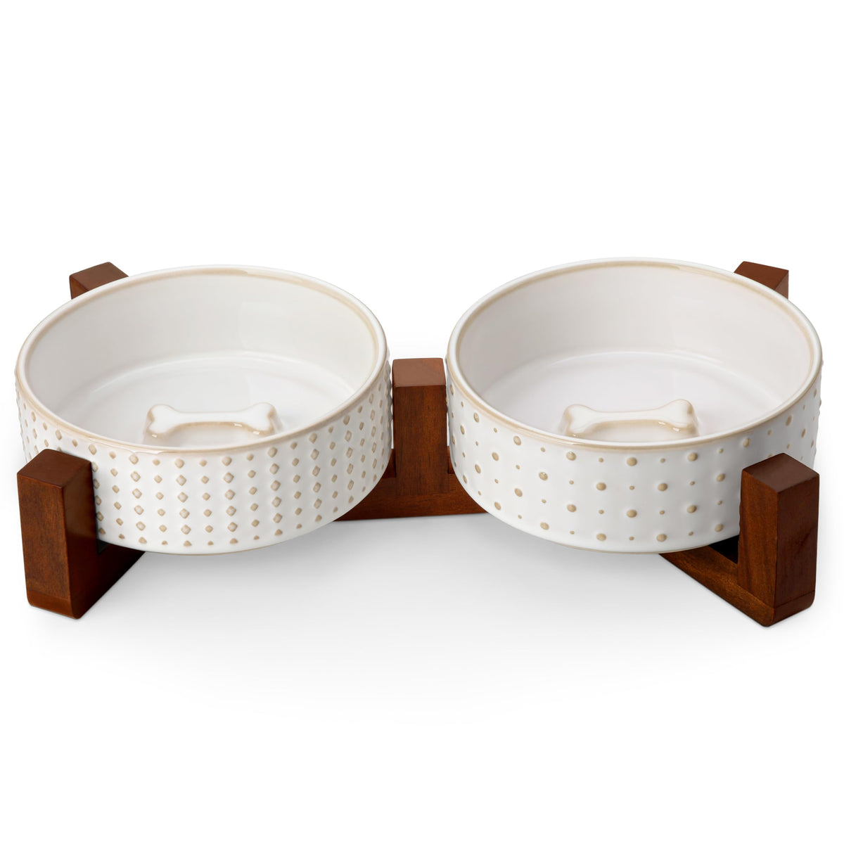 MALACASA Dog Bowl Set, Ceramic Bowls with Walnut Wood Stand, 2 Cups | Rhombic and Polka Dot Design, Non-Slip Base, for Cats and Dogs, About 26% Heavier than Similar Ceramic Bowls