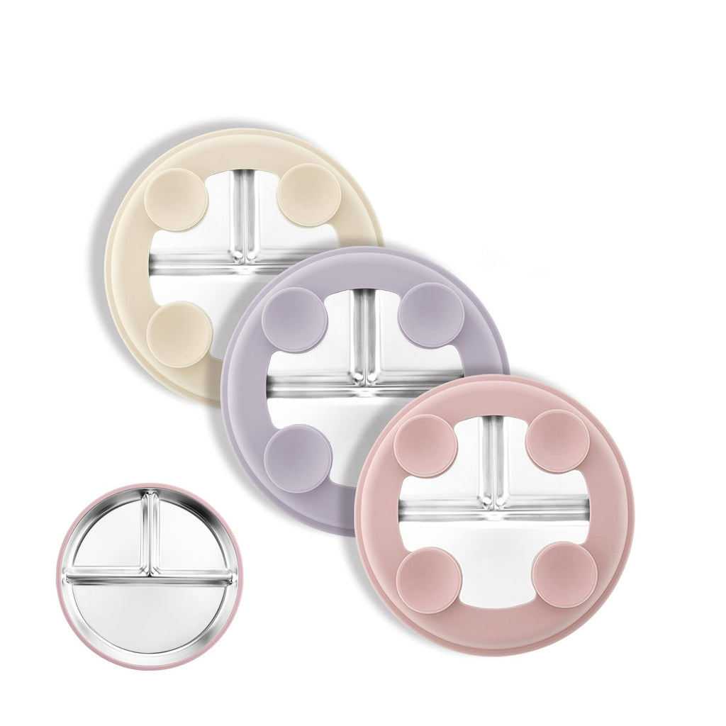 Bakpoco Stainless Steel Suction Plates for Toddlers, 8" Divided Kids Baby Plates with Removable Silicone Suction, Non Toxic Non Slip Portion Control Snack Dishes 3 Packs, Pink Beige Lilac