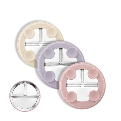 Bakpoco Stainless Steel Suction Plates for Toddlers, 8" Divided Kids Baby Plates with Removable Silicone Suction, Non Toxic Non Slip Portion Control Snack Dishes 3 Packs, Pink Beige Lilac