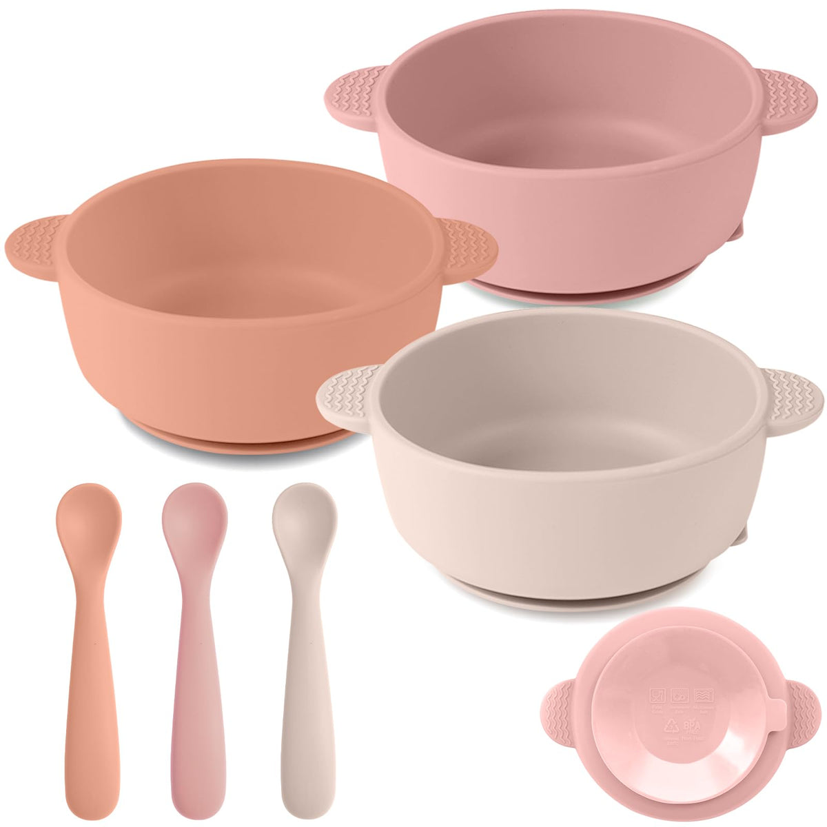 Eascrozn 3 Pack Baby Bowls with Suction and 3 Pack Baby Spoons, BPA Free | Food Grade Silicone Baby Feeding Set for Babies Toddler Kids, Microwave and Dishwasher Safe