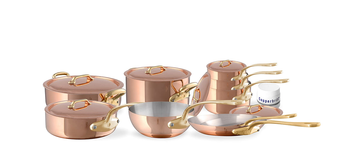 Mauviel M'Heritage 200 B 2mm Polished Copper & Stainless Steel 16-Piece Cookware Set With Brass Handles, Made In France