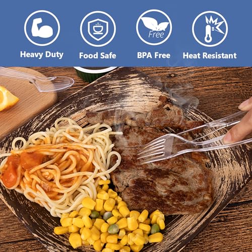 SACATR 100 Count Clear Plastic Silverware Heavy Duty -50 Forks, 50 Spoons | BPA-Free, Heat Resistant, Disposable Plastic Cutlery Set, Plasticware Bulk for Party