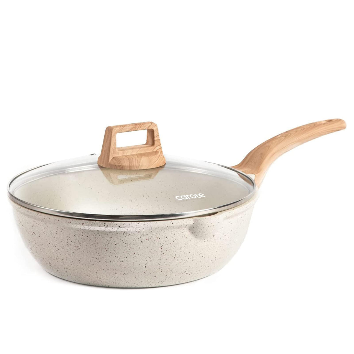 CAROTE 12 Inch Nonstick Deep Frying Pan with Lid, 5.5 Qt White Granite