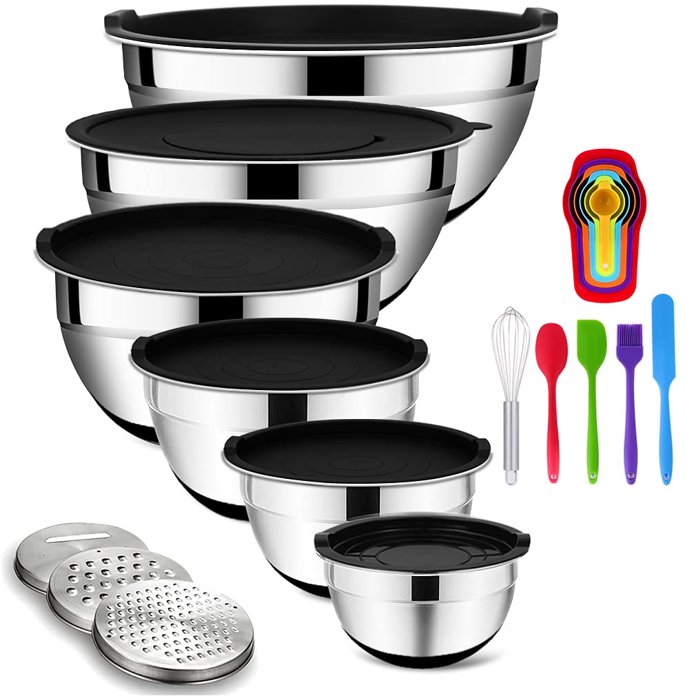 Rottay 20PCS Stainless Steel Mixing Bowls with Airtight Lids Set | Includes 3 Grater Attachments and Non-Slip Bottoms with Size 7, 4, 3, 2, 1.5, 1QT Nesting Bowls for Baking, Meal Prep