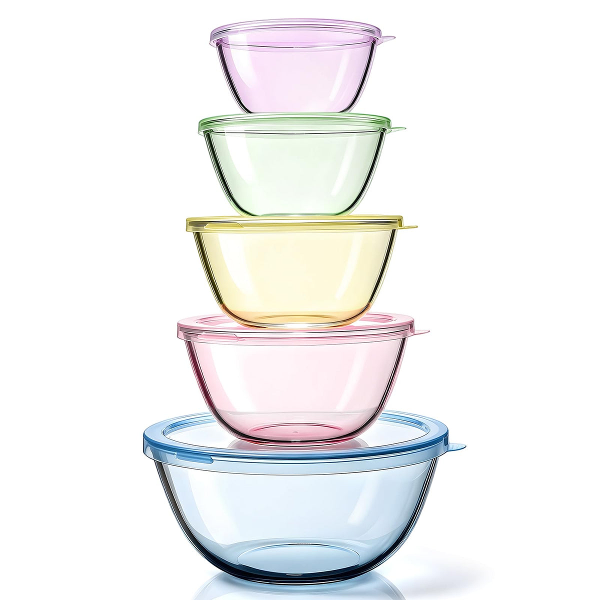 5 Pack Glass Mixing Bowls with Lids Set(4.78QT,2.2QT,1.7QT,1.1QT,0.85QT) | Color Thick Glass Large Salad Bowls,Nesting Bowls for Kitchen Baking,Prepping,Cooking,Serving,Dishwasher Microwave Oven Safe