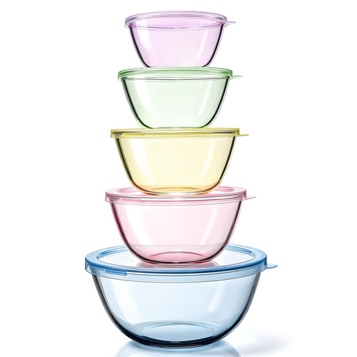 5 Pack Glass Mixing Bowls with Lids Set(4.78QT,2.2QT,1.7QT,1.1QT,0.85QT) | Color Thick Glass Large Salad Bowls,Nesting Bowls for Kitchen Baking,Prepping,Cooking,Serving,Dishwasher Microwave Oven Safe
