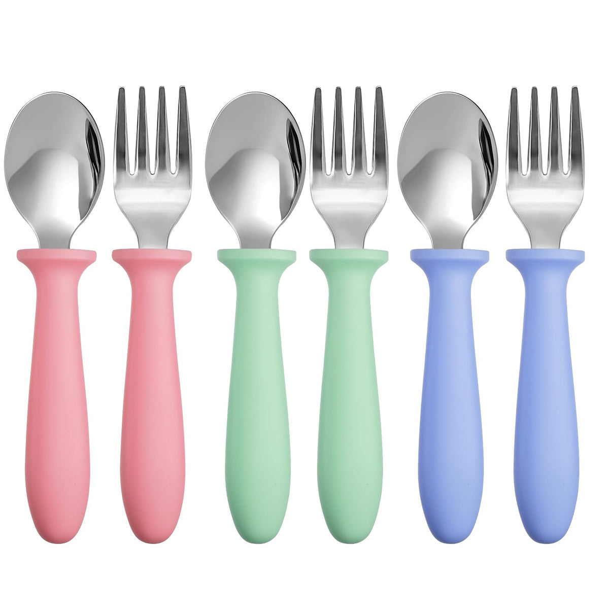 Pimoys Toddler Utensils Set, 6-Piece Kids Fork and Spoon Set | 18/8 Stainless steel with plastic handles, rounded edges, toddler-size, dishwasher safe