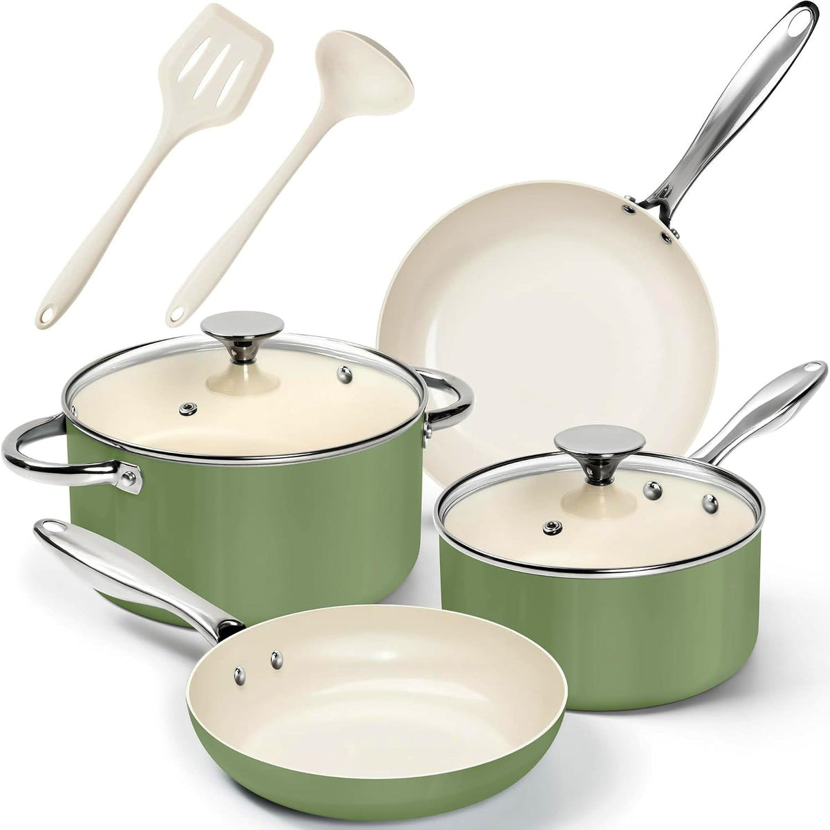 MICHELANGELO Pots and Pans Set Non Stick 8 Piece Ceramic Cookware Set Green